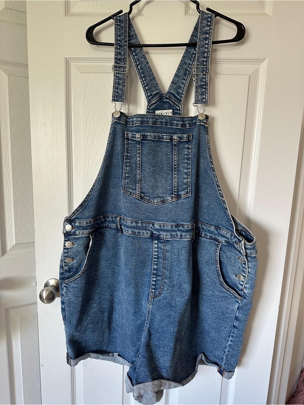 Ava & Viv Plus Size Denim Short Overalls - Blue Women's Jeans Overalls